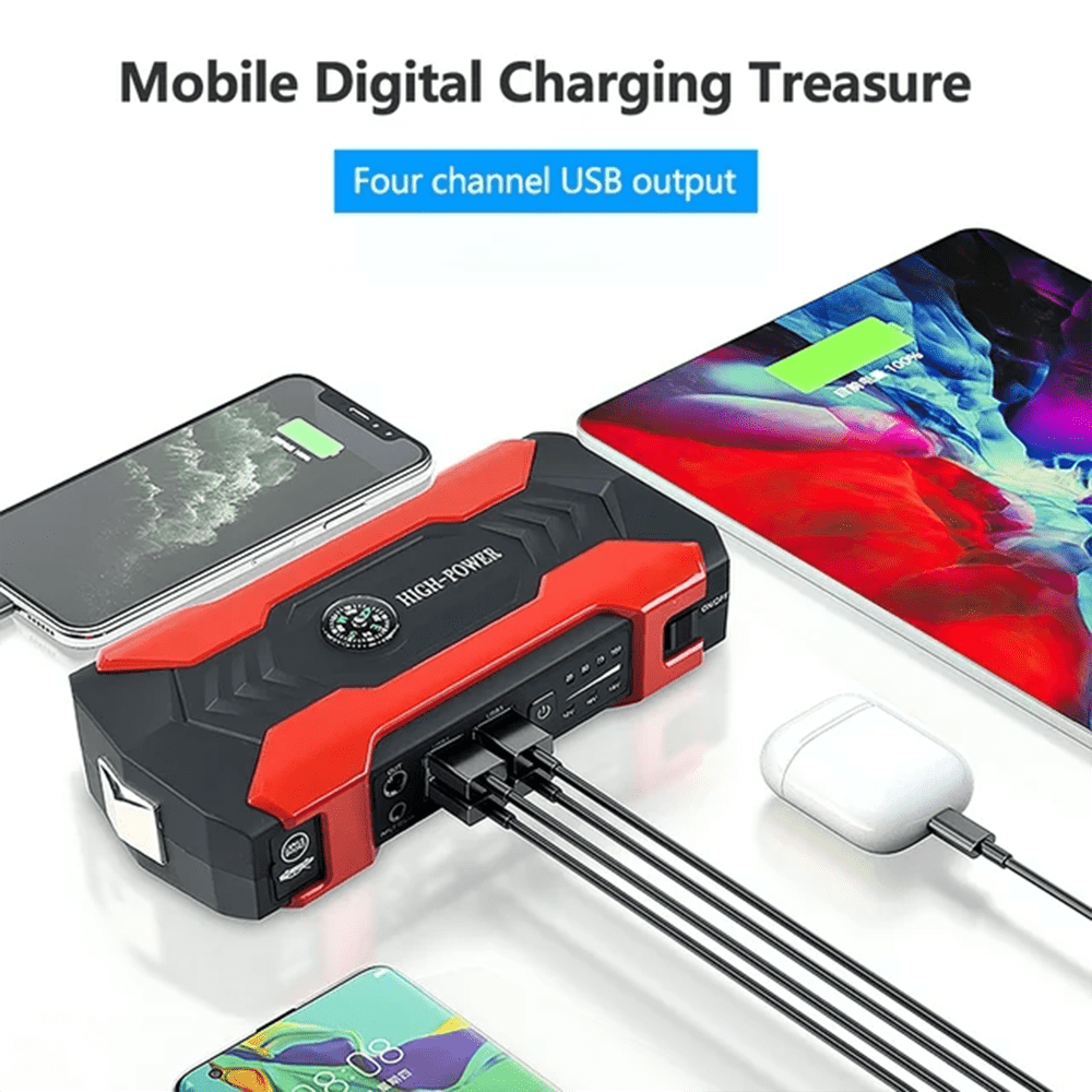 Emergency Car Battery Jump Starter 99800mAh Charger Power with 4 USB Ports, LED Flashlight , Multi-functional Bank , Portable 12V Auto Booster Starting Device