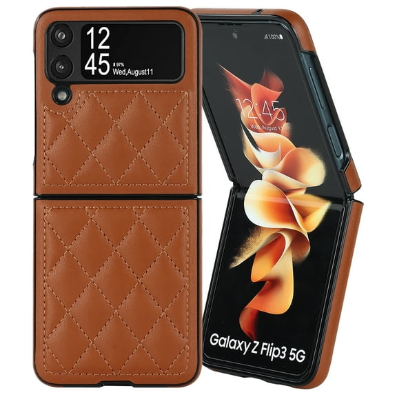 K-Lion Case Compatilble with Samsung Galaxy Z Flip 3 6.7" 2021, Heavy Duty Protective PU Leather Surface Diamond Pattern Luxury Fashion Drop Resistant Cover For Samsung Galaxy Z Flip 3, Brown