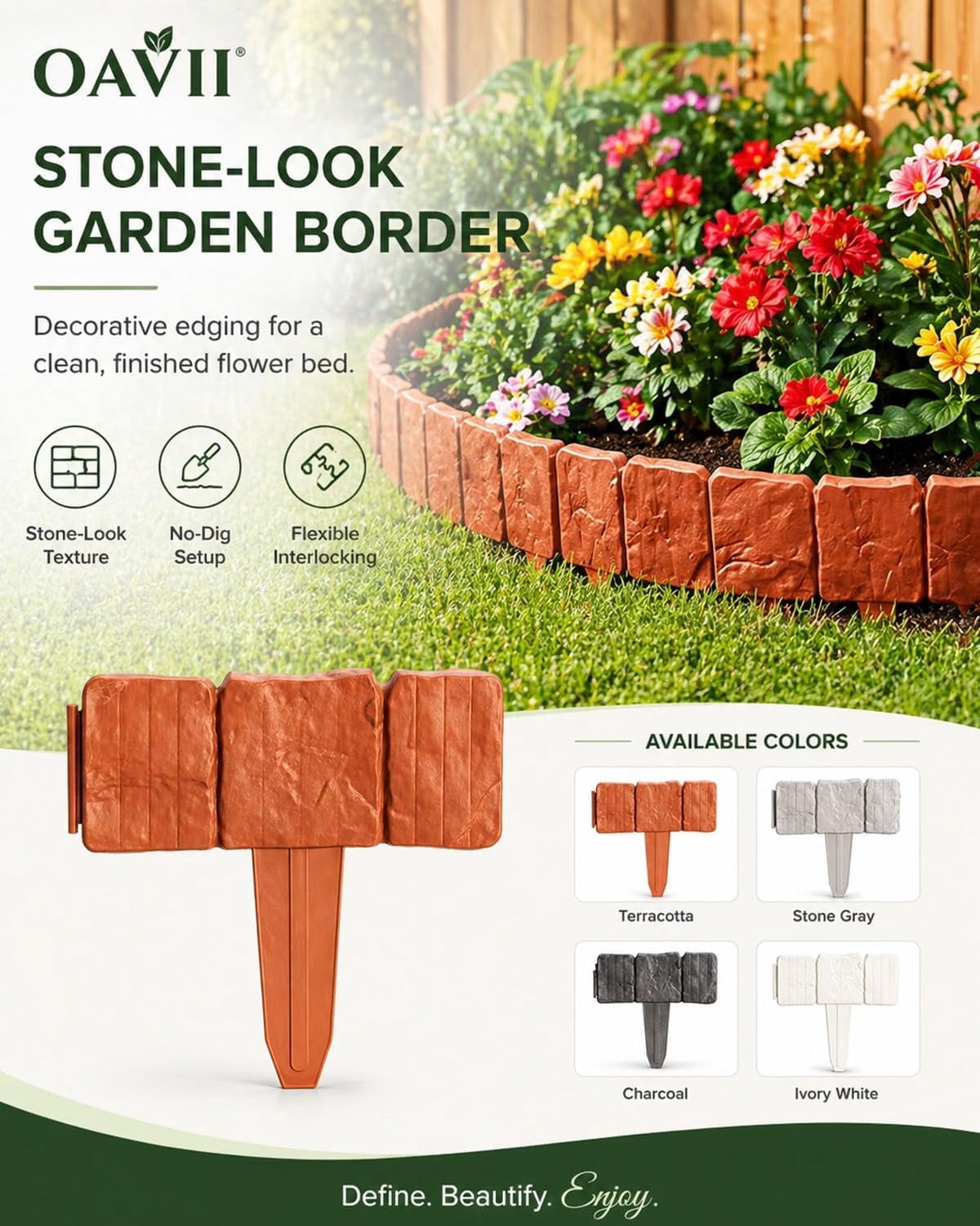 Imitation Stone Garden Fence, Stone-Look Lawn Edging Border for Flower Beds, Plastic Garden Retaining Edging Fence, Flexible Interlocking Landscape Edging, No Dig Decorative Lawn Border