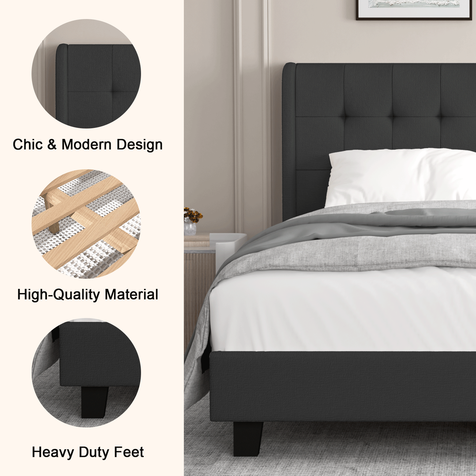Nathaniel Home, Cotton Linen Beds, Queen Beds Frame, Tufted Upholstered Bed with Wingback, Low Profile Platform Beds, Strong Wooden Slats, Black Adult