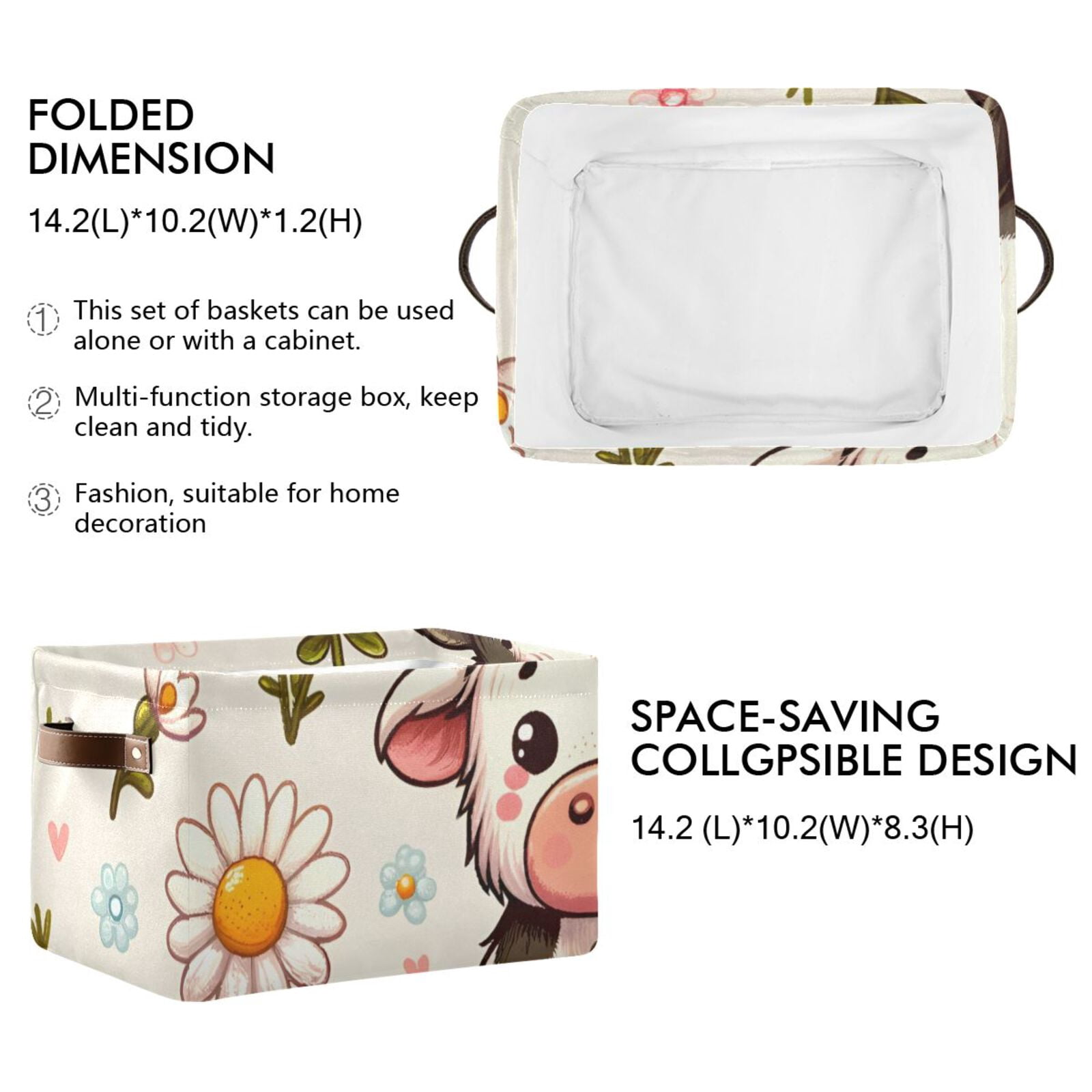 Cow on Flowers Storage Bins Baskets With Handles Storage Box Clothes Organizer Organization Toys