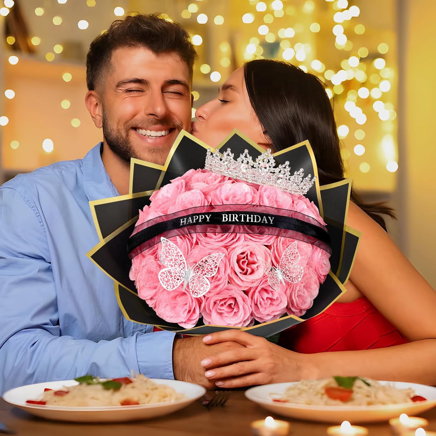 Yastouay Glitter Roses Bouquet,DIY Birthday Fake Roses,36Pcs Pink Everlasting Shiny Artificial Rose Bouquet As Birthday Gifts for Women