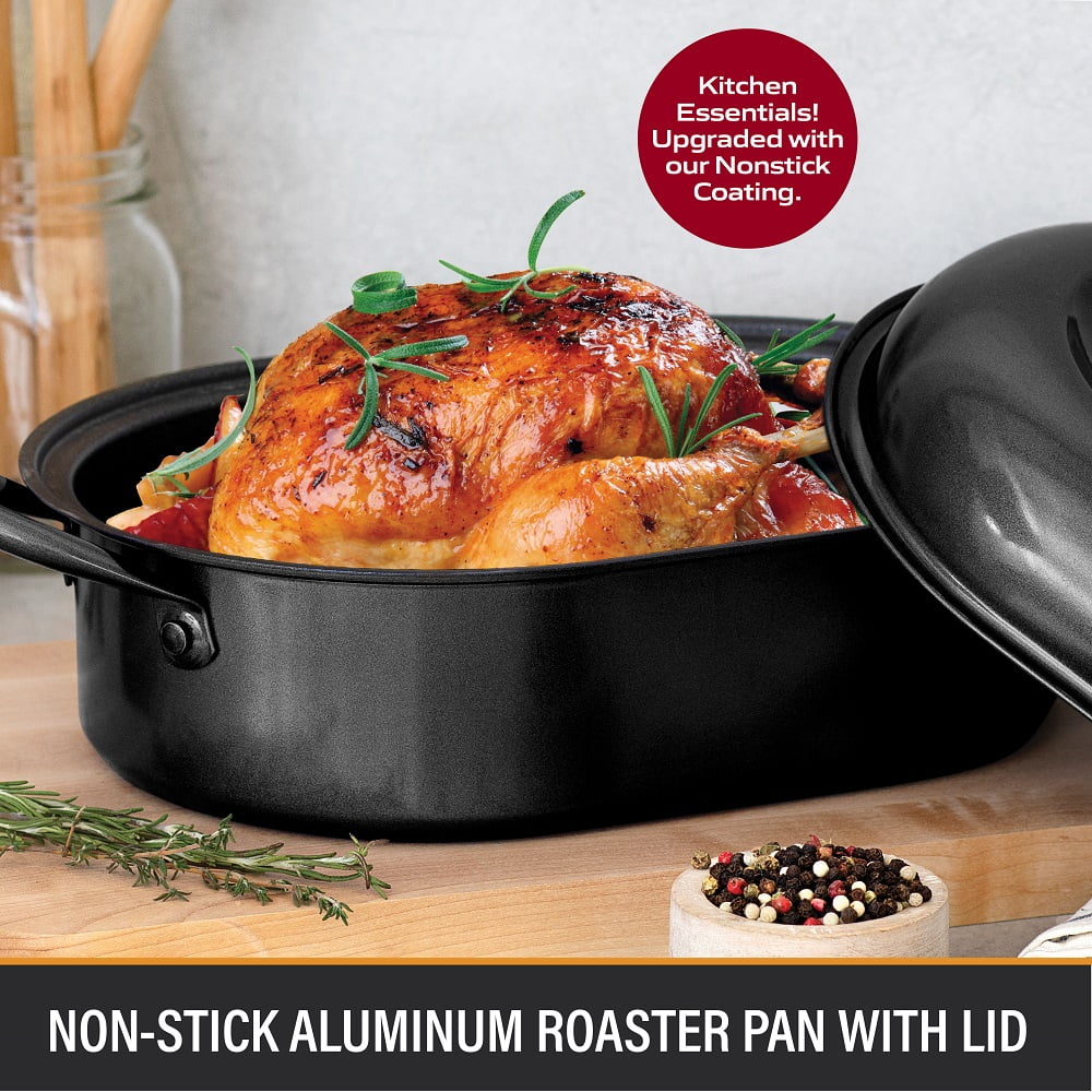 Millvado Roasting Pan with Lid, Thanksgiving Turkey Roaster Pan, Extra Large 20 lb Capacity, 19 Granite Oven Roaster Oval Shaped Speckled Enamel on