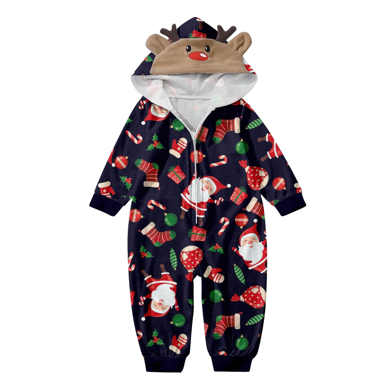 CUZIBR Christmas Family Pajamas Hooded Full Zipper Up Sleepwear Outfits Long Sleeve Cute Snowflake Print One Piece Jumpsuits Loungewear For Baby,Navy,12-18 Months