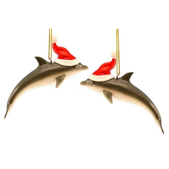 Dolphin With Santa Hat Christmas Holiday Ornaments Set Of 2