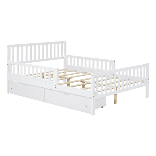 Euroco Wood Full Size Platform Bed with Guardrails and Drawers for Kids Teens Toddlers, White