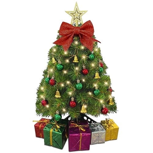 Small Christmas Tree with Lights - 23 Inch Mini Tabletop Christmas Tree with Warm-White LED Lights, Hanging Ornaments, Decorative Bow and Gift Boxes - Prelit Table Tree for DIY Christmas Decoration