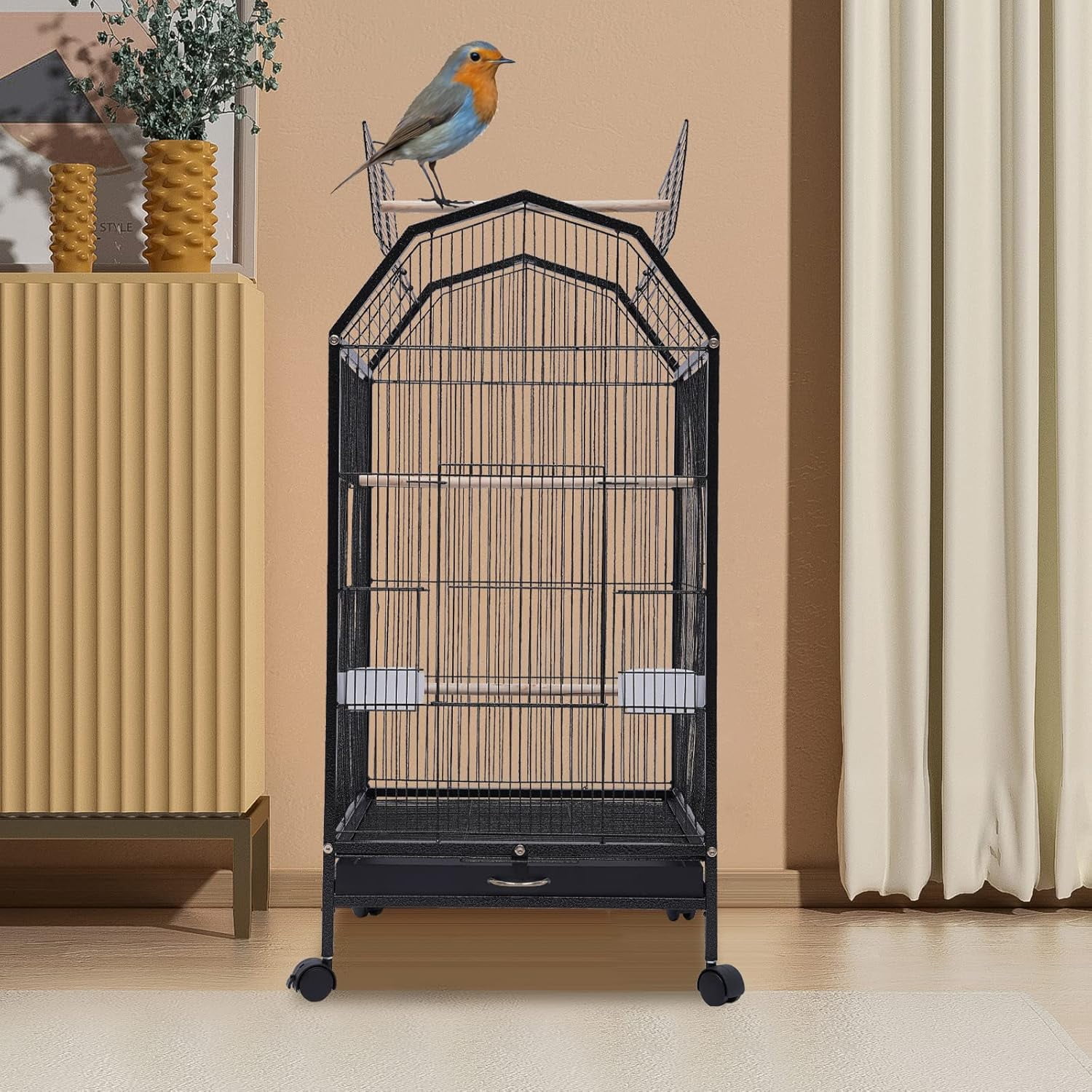 Parakeet Bird Cage with Stand, 39.9H Inch Large Bird Cages with 4 Universal Wheels and 2 Feeding Cups,Finch Bird Pet Bird Flight Cages,for Cockatiel Conure Macaw Budgie