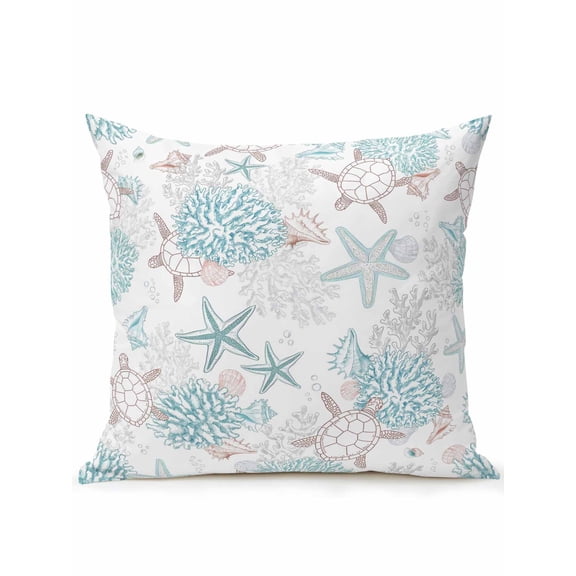1 Pack Outdoor Throw Pillow, Coastal Coral Turtle Waterproof Pillow with Insert Included, Aqua Ocean Conch Starfish Summer Beach Decorative Accent Cushion Sofa Pillows for Patio Porch, 18 x 18 In