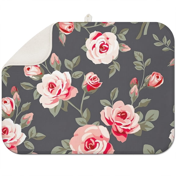 Microfibre Drying Mat for Kitchen Farmhouse Pink Floral Flowers Green Leaves Dish Drying Drainer Mat Absorbent Pioneer Drying Mat Washing Up for Glass, Plate & Cup 18inch X 24inch