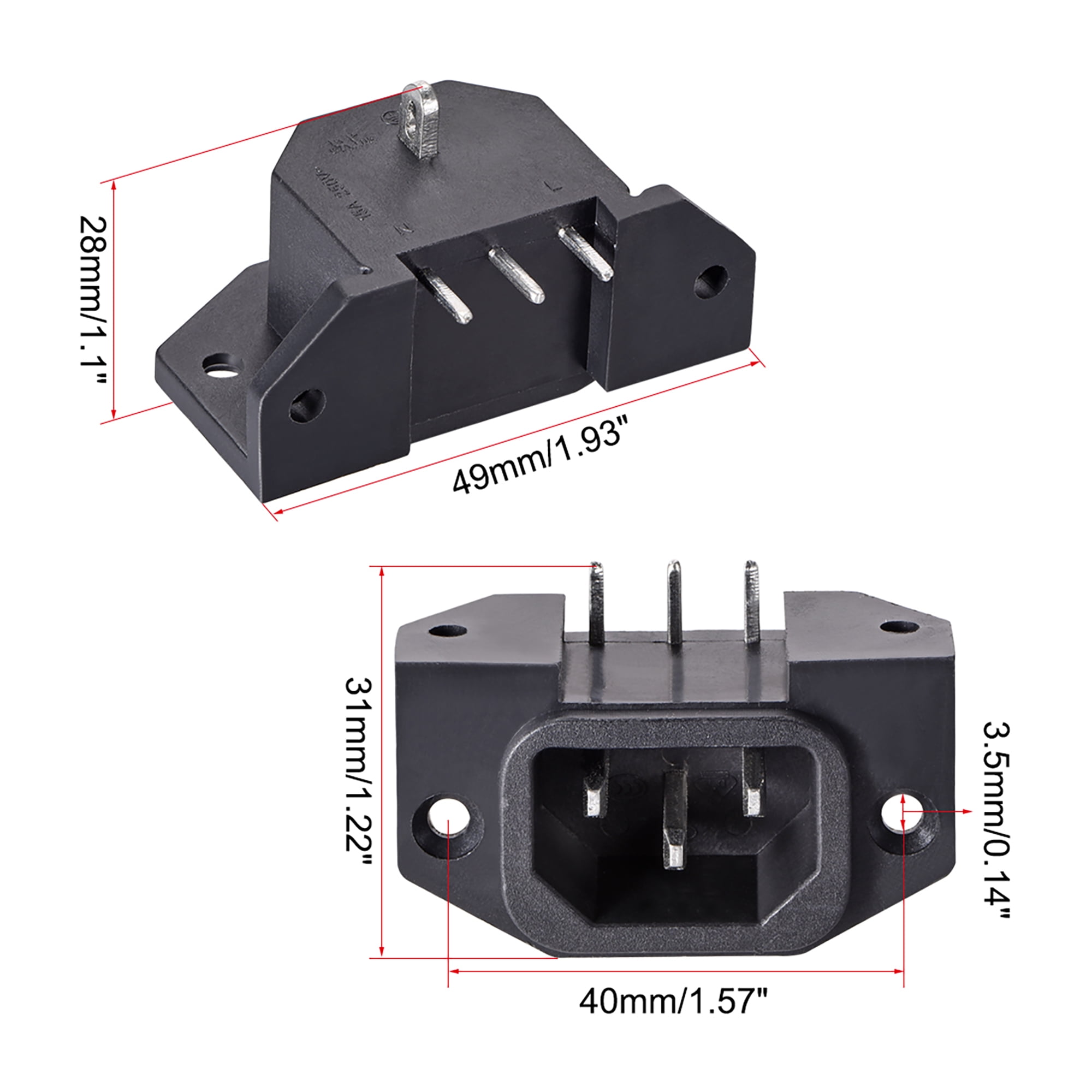 C14 Panel Mount Plug Adapter AC 250V 10A 3 Pins IEC Inlet Plug Socket 2pcs