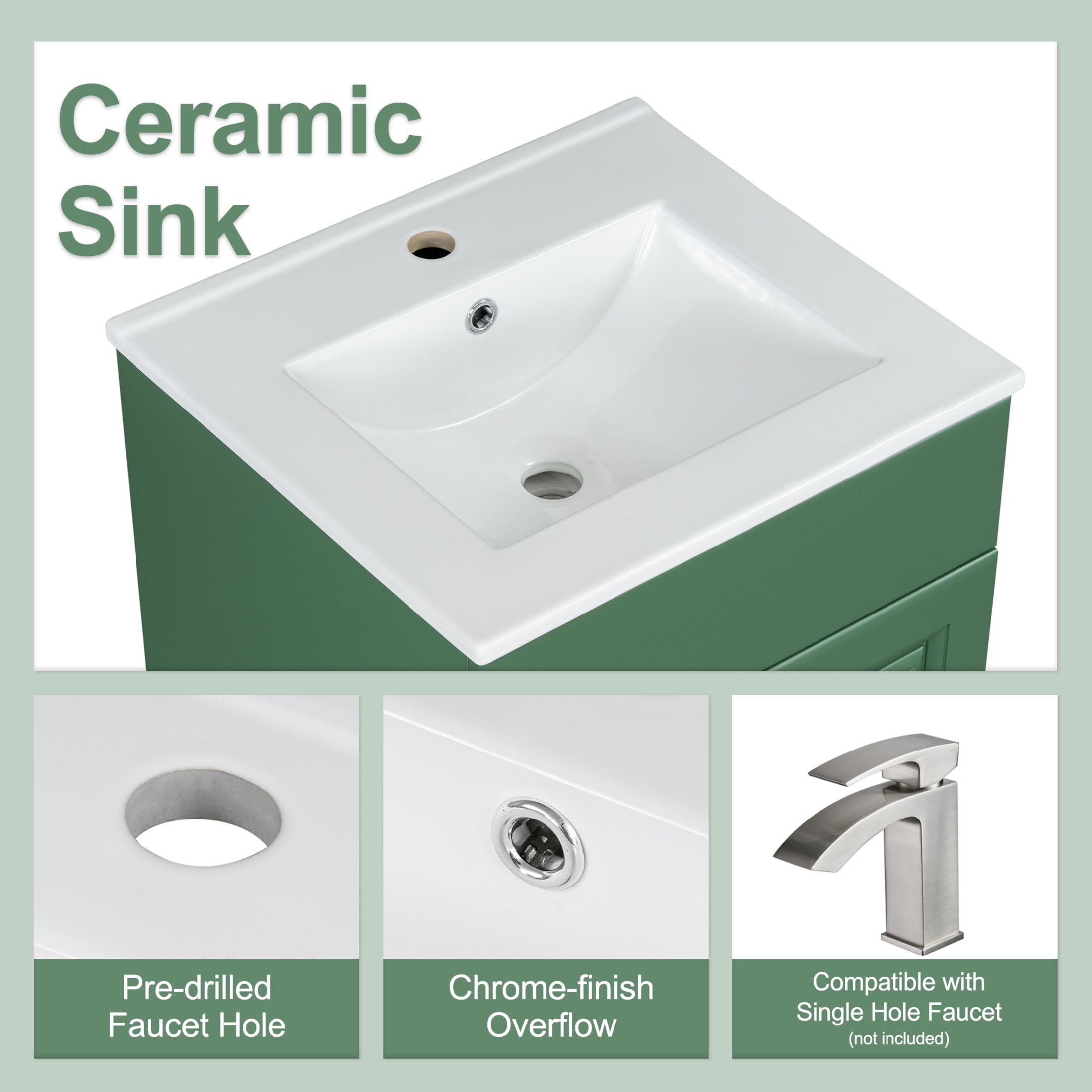 Vale Modern 20" Bathroom Vanity Cabinet with Ceramic Sink, Soft Closing Door, Adjustable Shelf, Green