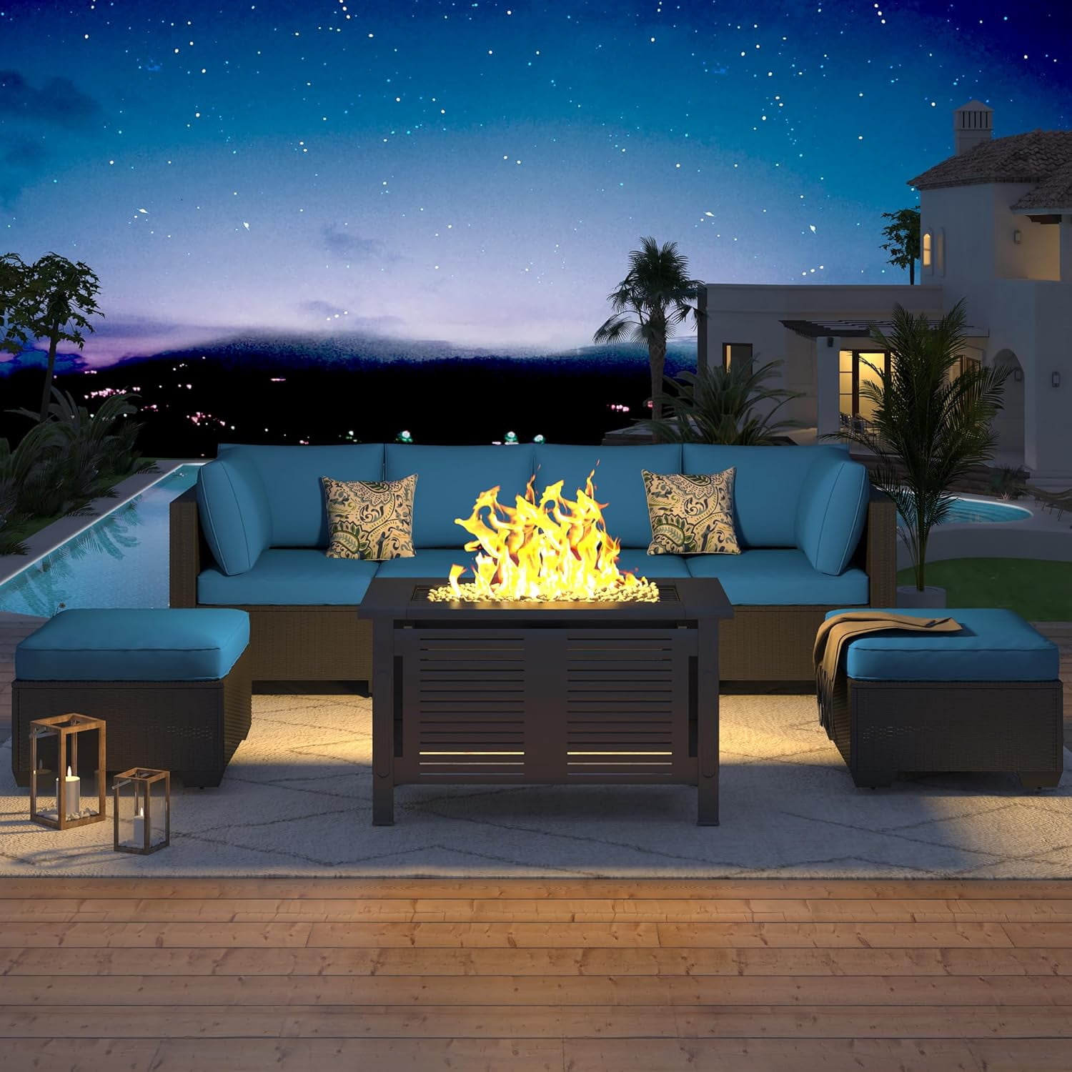 YODOLLA 7-Piece Patio Furniture Set with 43" Fire Pit Table, Rattan Wicker Outdoor Sectional Sofa Couch with Table Patio Conversation Set for Lawn& Backyard In Peacock Blue& Black
