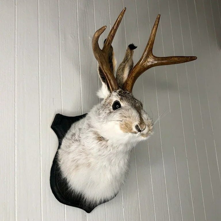 Deer Head Wall Mount Jackalope Taxidermy 3D Rabbit Animal Head Sculpture  Figurine for Holiday Living Room Bedroom Home Decoration