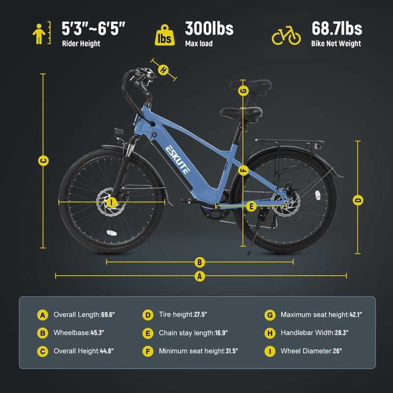 ESKUTE C200 70-Mile Electric Bike for Adults with 840Wh Removable Battery, 1300W Peak Power Ebike, Up to 28MPH Speed, 26" Tires, 7-Speed Adjustable Stem Step-Over E-Bicycle,Blue, UL2849