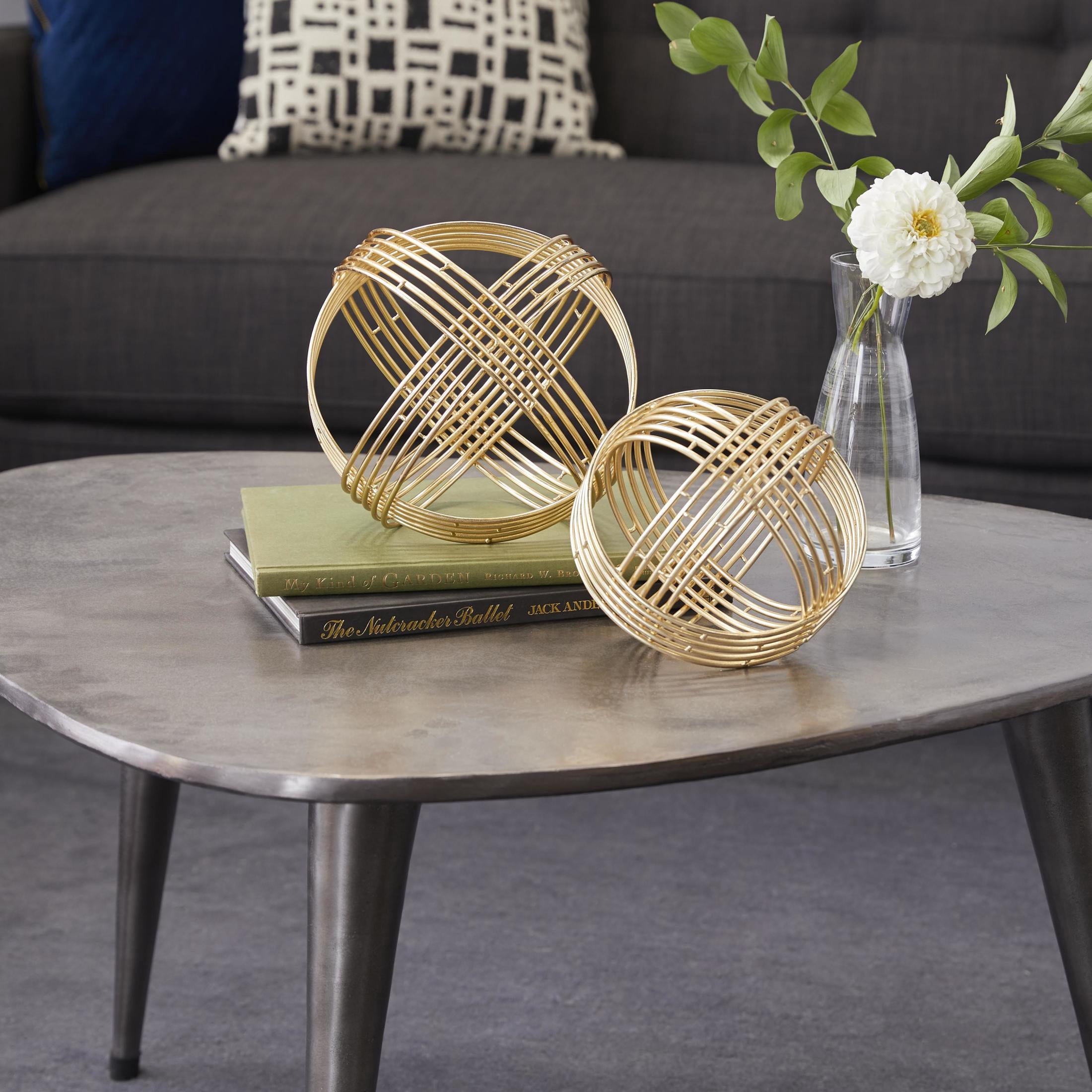 9", 7"W Gold Metal Layered Orb Geometric Sculpture, by DecMode (2 Count)