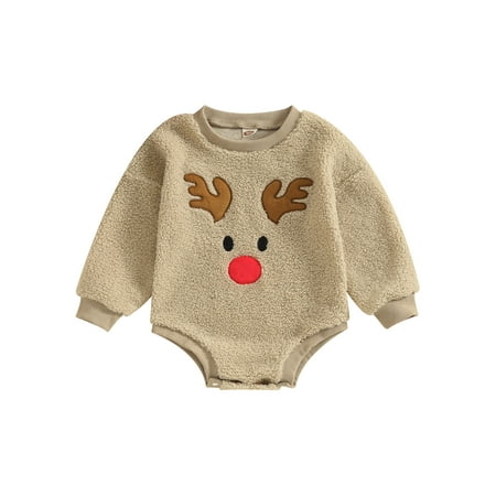

Baby Fleece Romper Long Sleeve Round Neck Reindeer Embroidery Bodysuit