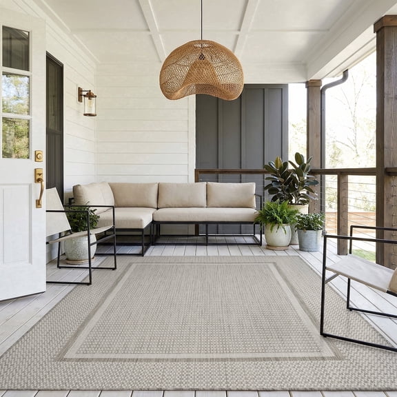 SIXHOME Outdoor Rugs 5'x7' Patio Rug Modern Bordered Indoor Outdoor Rugs Polypropylene Washable Non Shedding, Easy Clean, Waterproof, Durable Outdoor Carpet for Porch Balcony Deck Neutral Gray
