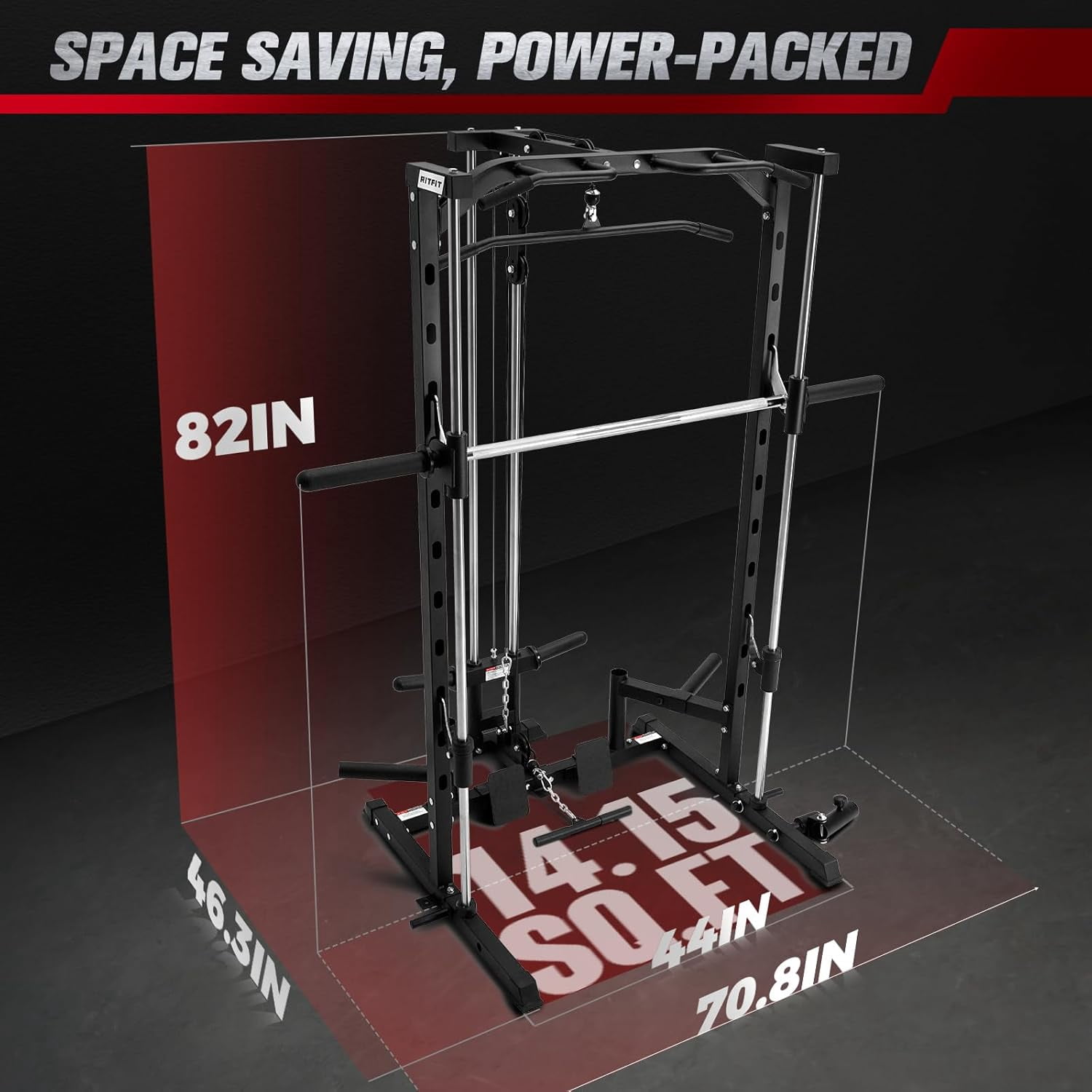 RitFit Smith Machinefor Home Gym, Power Cage Weight Half Rack Weight Lift with LAT-Pull Down System, Landmine (Smith Machine (with Weight Bench and Bumper Plates 230 LBS))