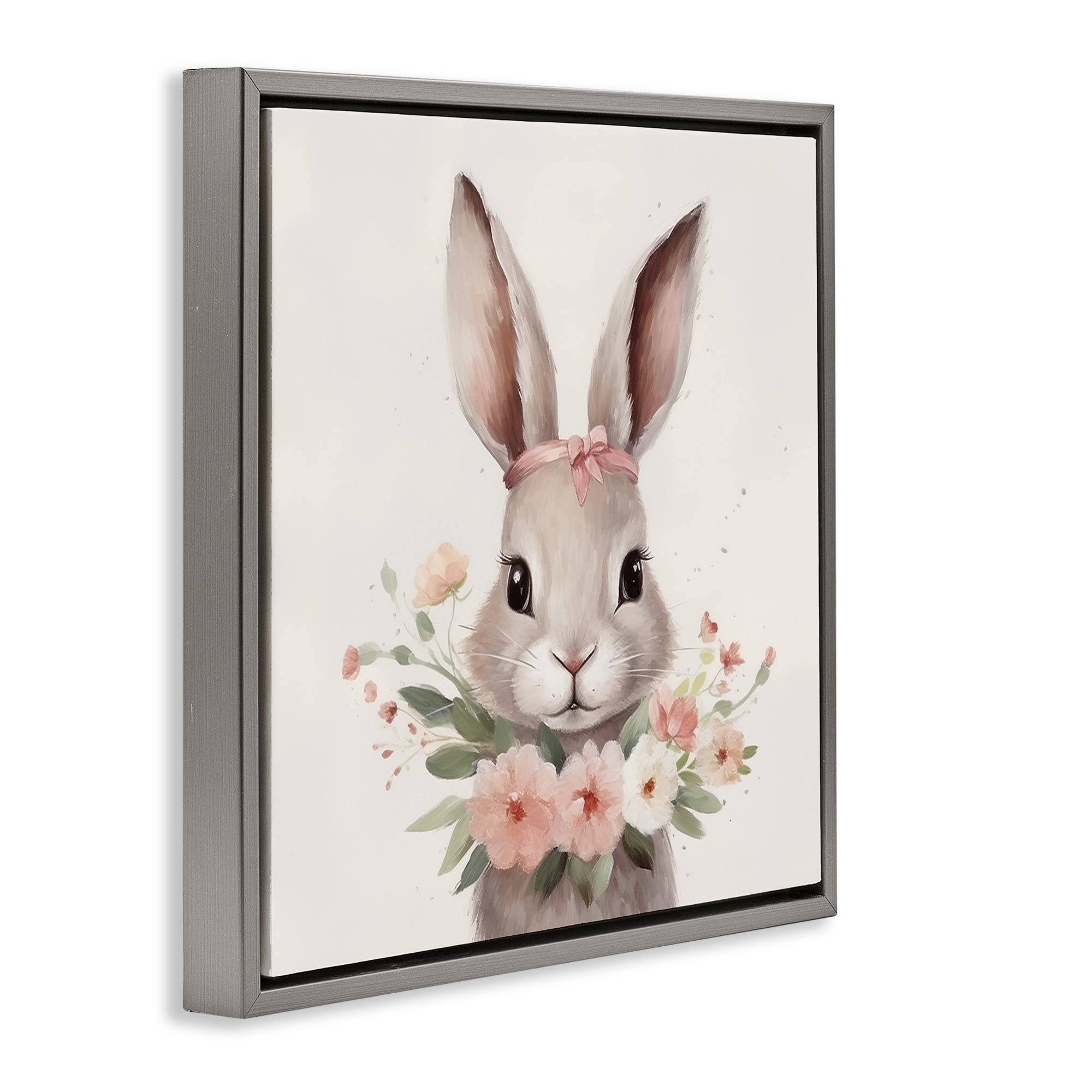 Stupell Industries Charming Bunny in Floral Wreath Gray Framed Floater Canvas Wall Art, design by Lazar Studio