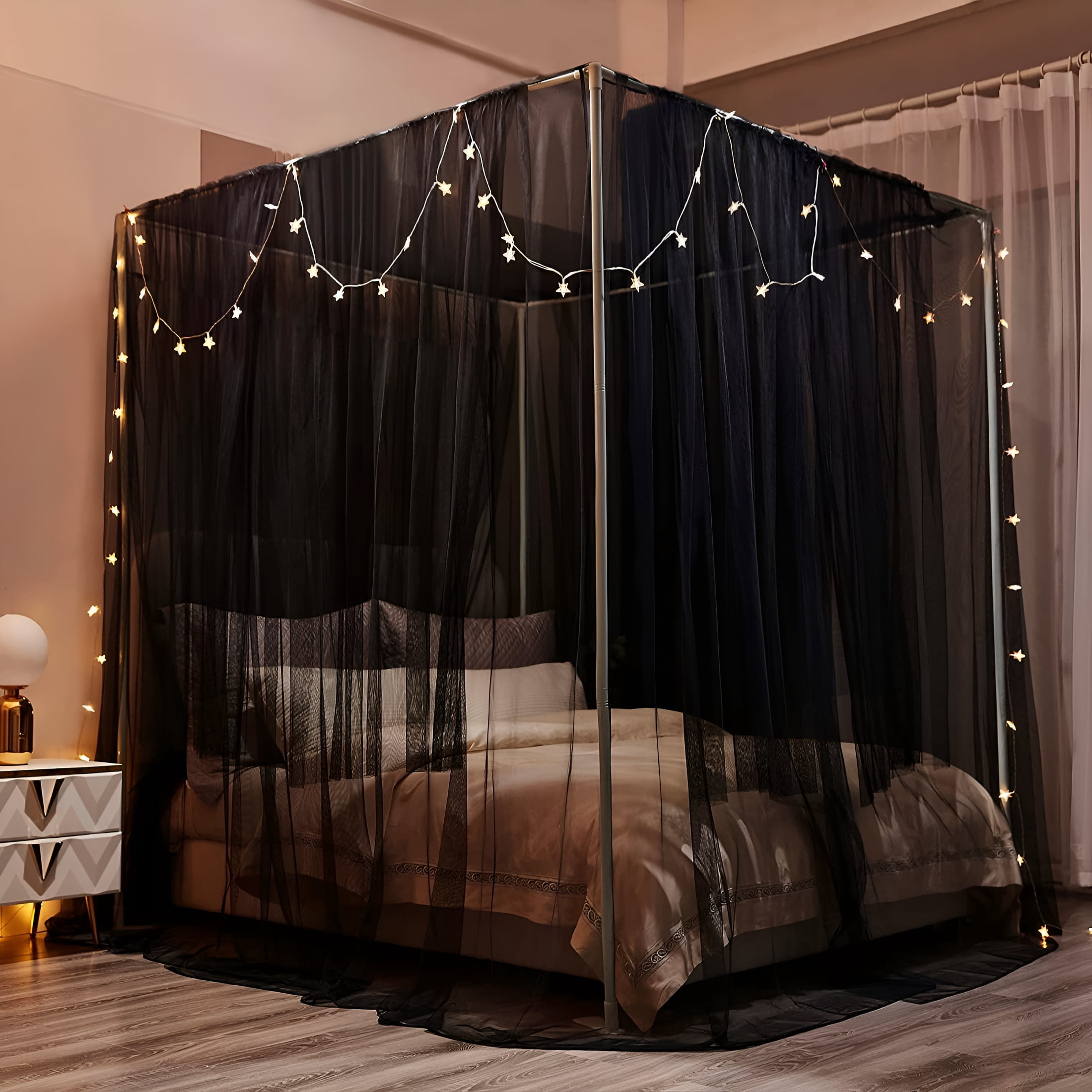 AUQ Bed Canopy,Canopy Bed Curtains Bed Drapes for Full Queen King Size Bed,Mosquito Net Bed Curtains for Patio Indoor Outdoor Net,Black Bed Canopy Curtains for Gothic
