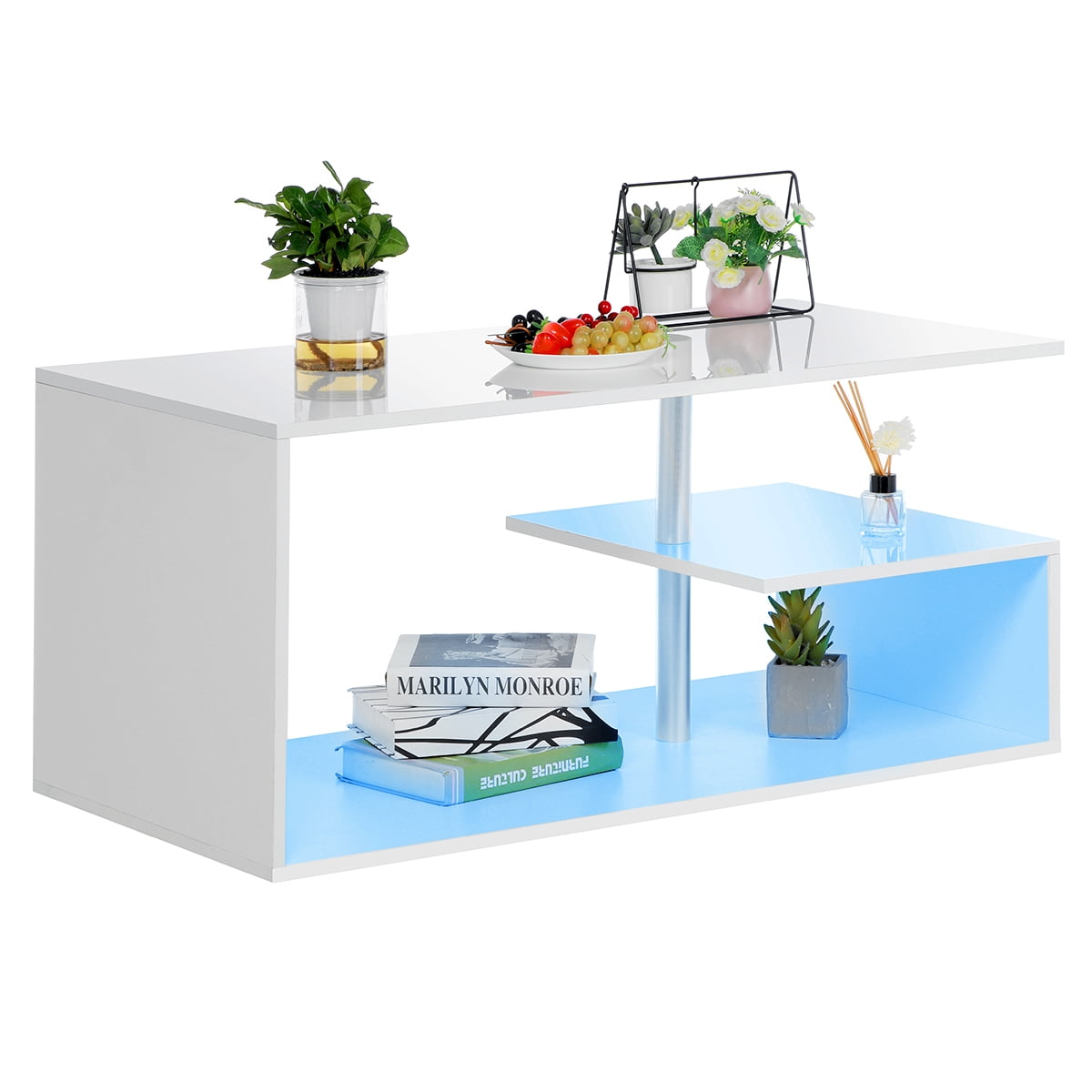 Hommpa High Gloss White Coffee Table with LED Lights Open Shelf Smart APP Control S Shaped Modern Sofa Side End Table for Living Room