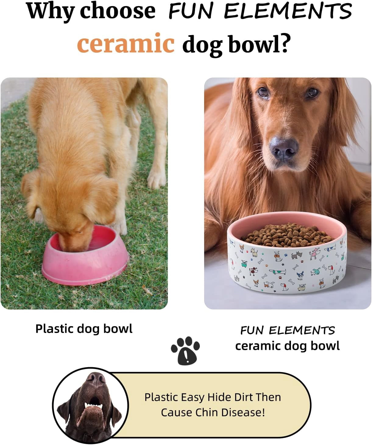 Fun Elements Ceramic Dog Bowls, Dog Bowls Large Sized Dog, 64 Fl Oz Heavy Dog Food Bowls Dog Water Bowl for Medium Dogs with Adorable Dog Patterns (Large,Pink)