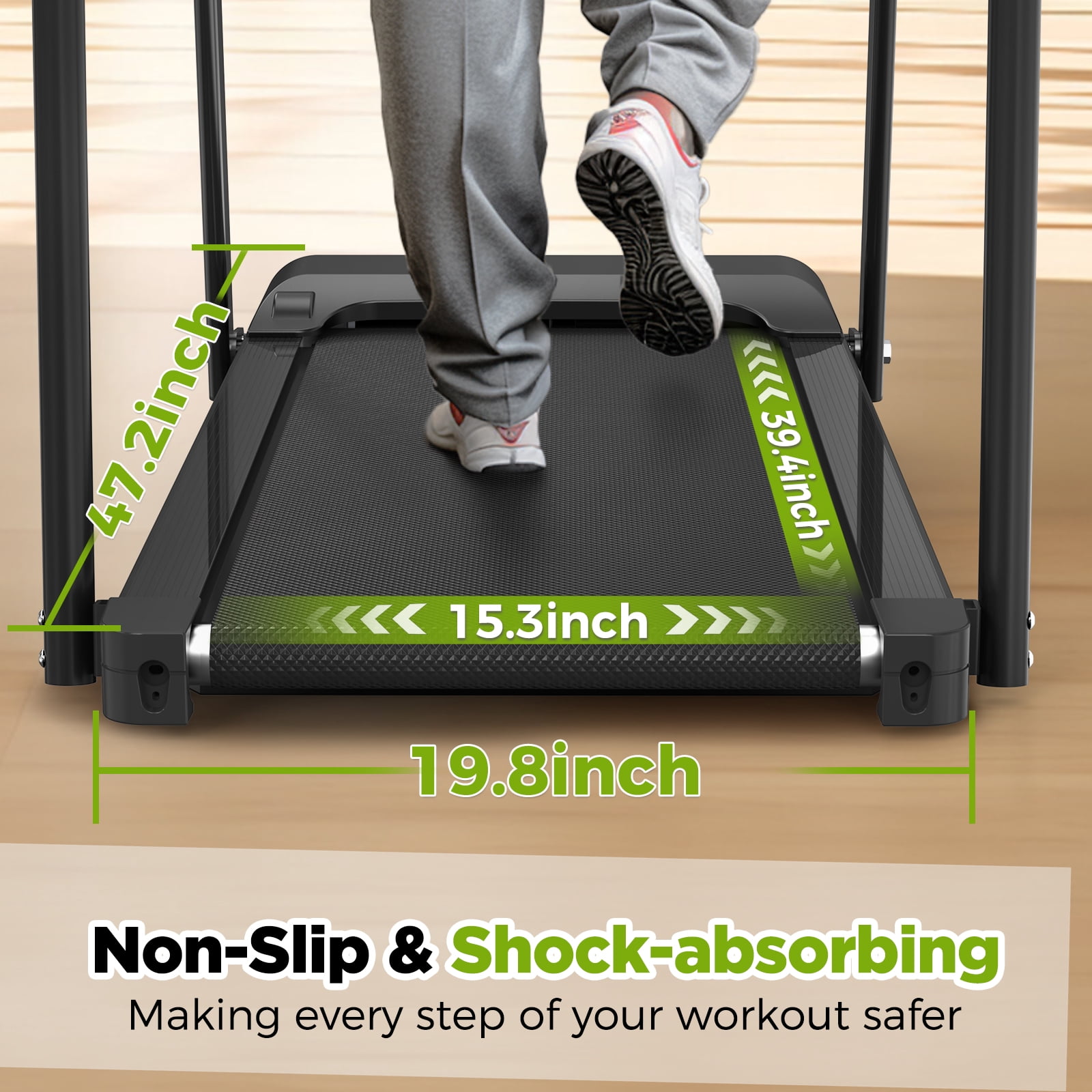 Walking Pad Treadmill for Senior, Foldable Exercise Treadmill with Stable and Safe Structural Design, Large LED Display for Elderly, Long Handrail for Balance, 300 Lbs Capacity