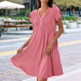 thumbnail image 4 of Vestido de Verano para Mujer, Corta, Cuello en V, Holgado, Informal, Plisado, Túnica Larga, para Playa, Color Melocotón, Talla L, 4 of 5