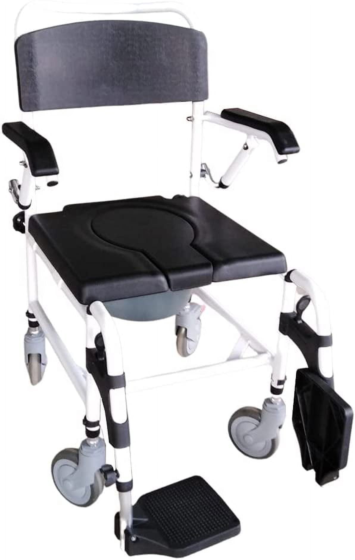 YUWELL Shower Wheelchair Over Toilet, Aluminum Shower Commode Mobile Chair with Lift Arms and PU Leather Padded Seat Backrest, w/ 5" Locking Caster