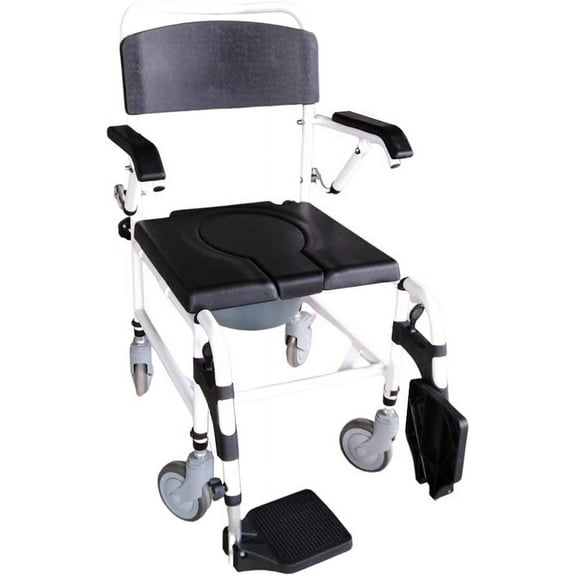 YUWELL Shower Wheelchair Over Toilet, Aluminum Shower Commode Mobile Chair with Lift Arms and PU Leather Padded Seat Backrest, w/ 5" Locking Caster