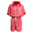 thumbnail image 4 of NMMUED Sweat Set for Women Sweatsuits Women 2 Piece Outfit Short Sets for Women Tracksuit for Women Short Sleeve Drawstring Hoodies and Lounge Sets with Pocket, Red M, 4 of 4