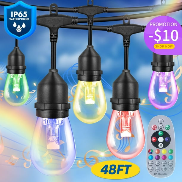 Color Changing Outdoor String Lights 48FT Weatherproof, Fmixtown LED