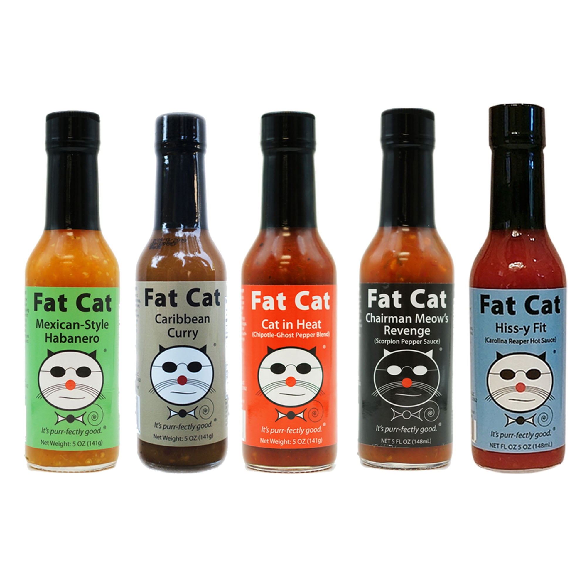 Five Bottle 'Heat Lovers' Hot Sauce Sampler Gift Set Variety Pack by Fat Cat Gourmet