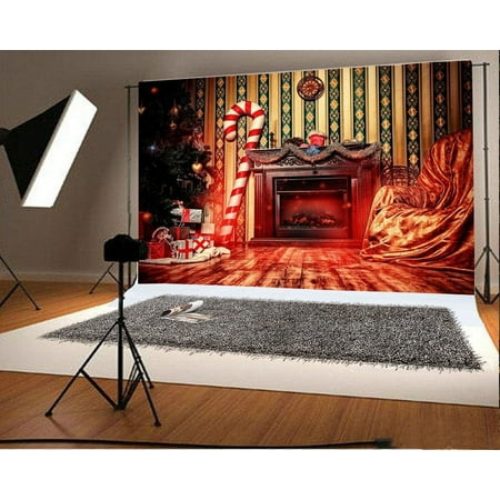 Image of Polyester 7x5ft Backdrop Christmas Home Decoration Interior Photography Background Xmas Tree Gifts Fireplace Burning Woods Huge Candy Cane Chic Wall