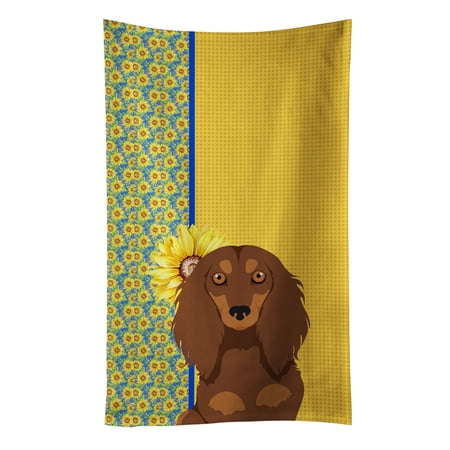 Summer Sunflowers Longhair Chocolate and Tan Dachshund Kitchen Towel