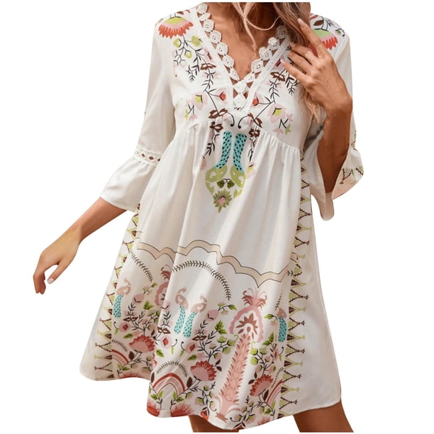 Vestido de Verano Casual, Vestido de Cuello en V de Manga 3/4 de Ruffle de Impresión Hecha de Poliéster Cómodo para Primavera Verano, Vestido de Verano de Mujer
