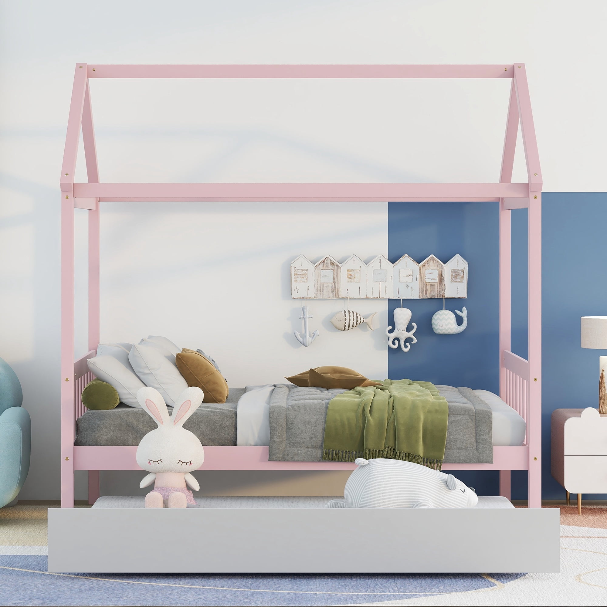 EUROCO Pine Wood House Bed with Trundle for Kids Bedroom, Pink