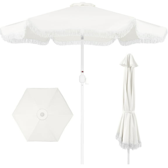 Best Choice 9ft Fringe Market Umbrella Boho Patio Sunshade w/ Tilt, UPF50 - White