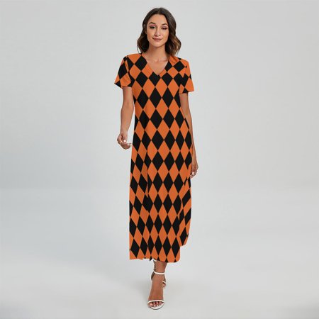 Halloween Harlequin Pattern Printed Short Sleeve Maxi Dress, Halloween Decorative Fashion Summer Maxi Dress For Women
