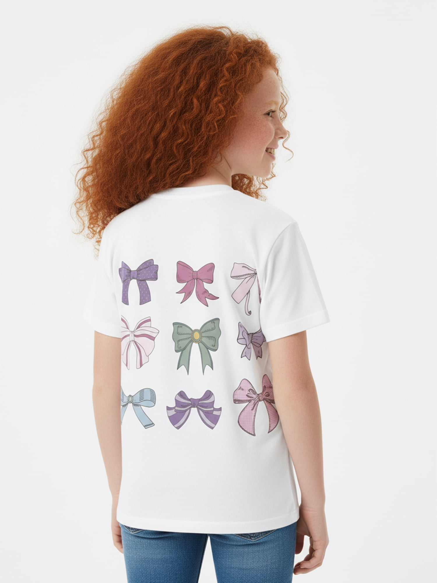 Wonder Nation Girls Bonjour Bows Graphic Print Crewneck Tee with Short Sleeves, Sizes 4-18