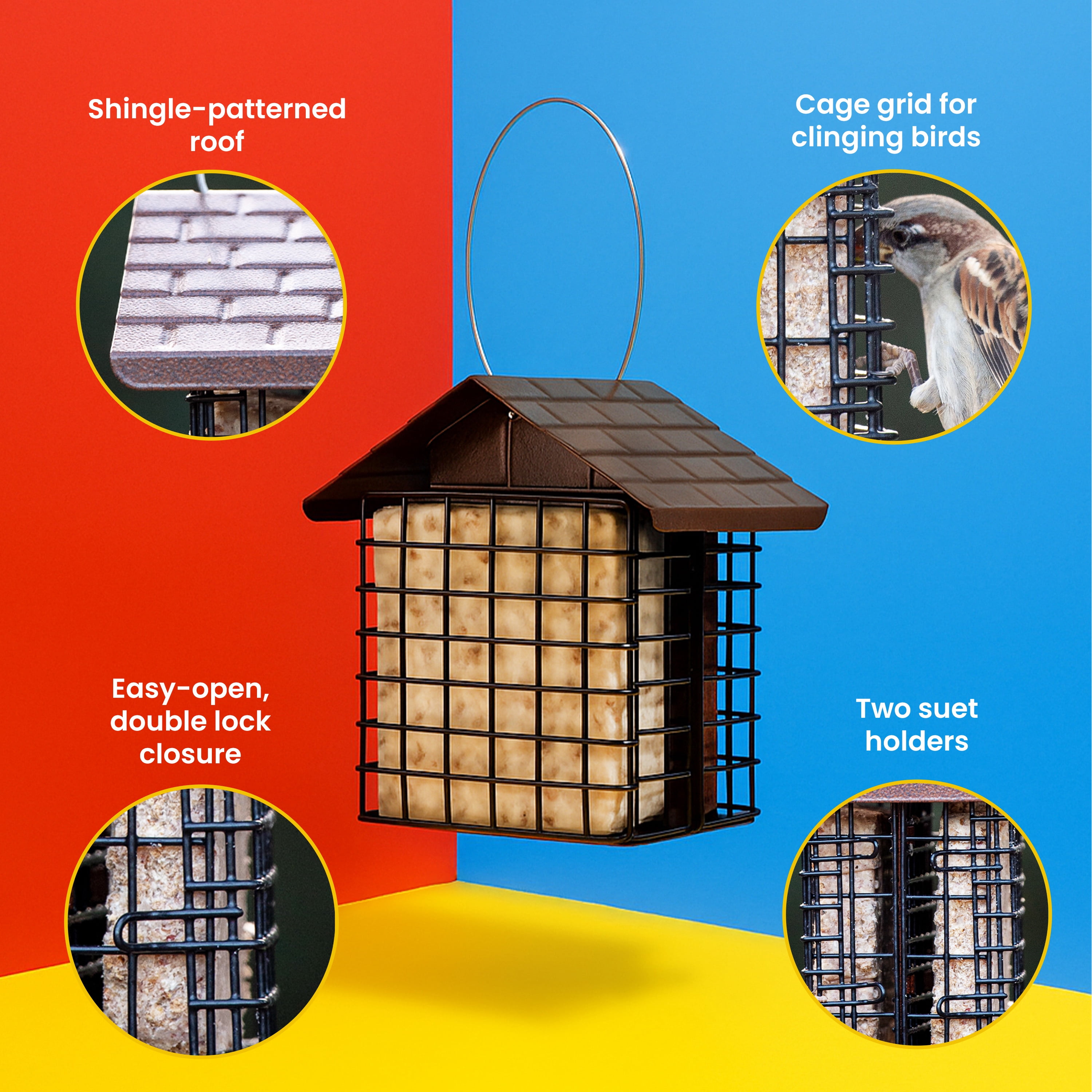 More Birds Double Suet Feeder with Weather Guard, 6.5" L X 4.25" W X 7.25" H, Brown