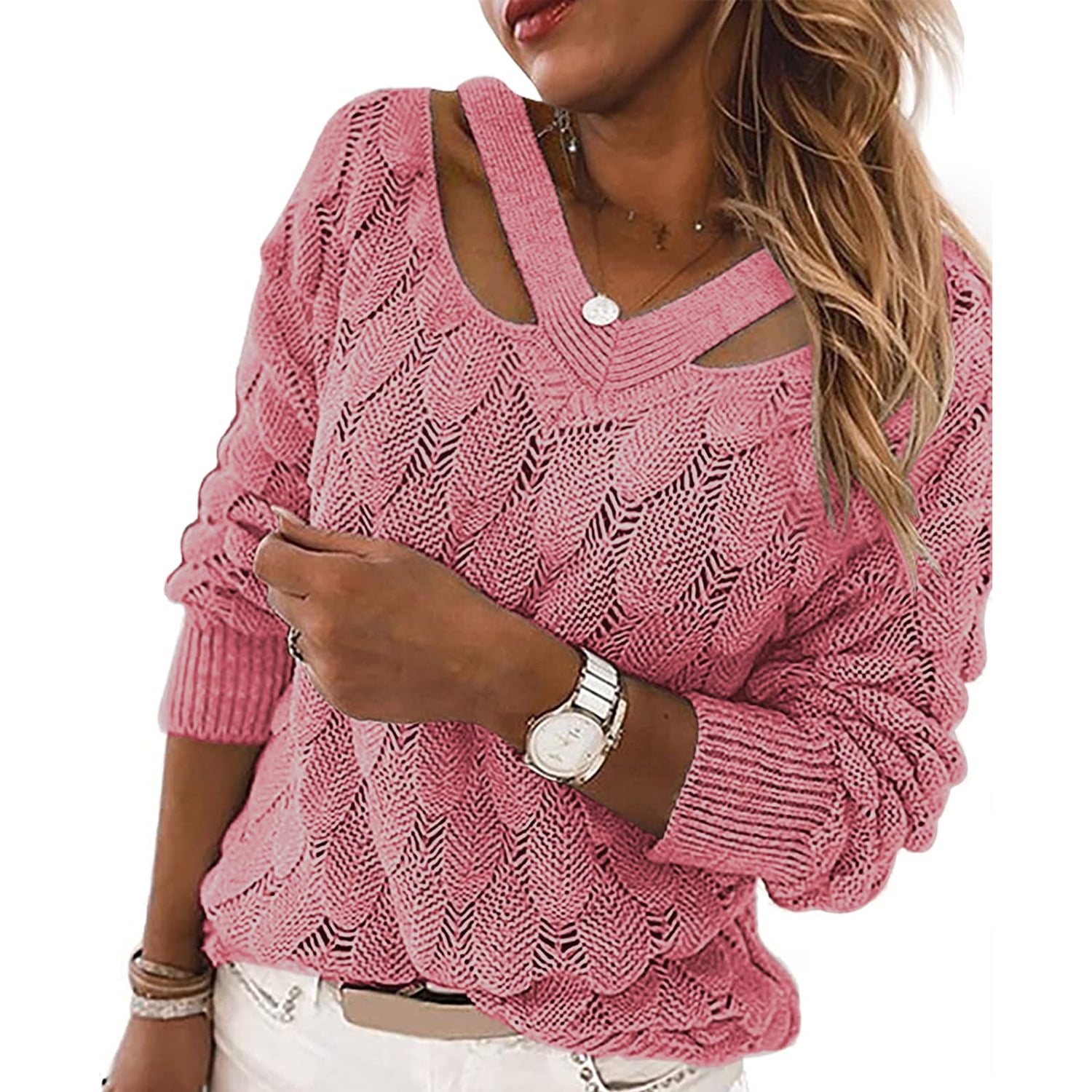 Esobo Women's V Neck Pullover Sweater Long Sleeve Hollow Out