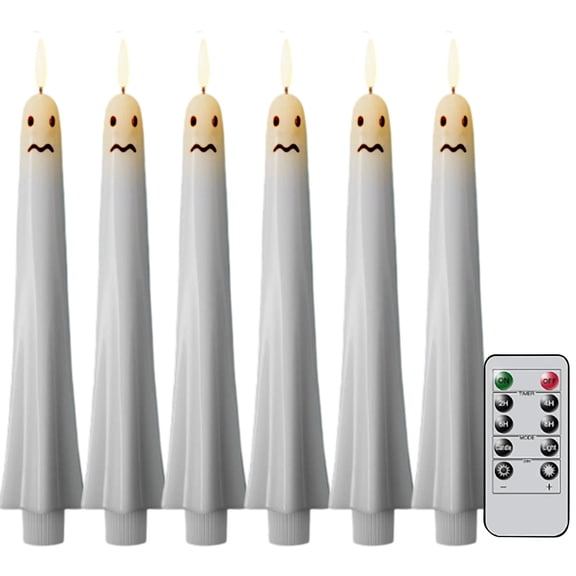 YAMB Halloween Ghost Flameless Taper Candles, Battery Operated Simulated Warm Flickering Flame Candles with Remote Timer, Reusable Spooky LED Table Centerpiece for Indoor Home Decor, 6 Pcs