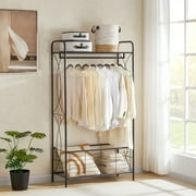 Freestanding Garment Rack, Open-Style Wardrobe, Hanging Rail with Metal Basket, and Heavy-Duty Metal Clothes Rack,Bathroom Storage Shelves