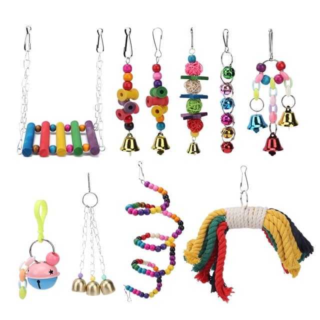 Juguete de columpio para pájaros, juego de juguete de perca para masticar colgante de madera Natural con campanas, cuentas de madera