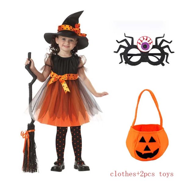 Baby Girls Halloween Purple Witch Costume Children Cosplay Red Hood Dress Princess Party Cosplay Dress Cape with Pumpkin Bag