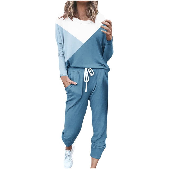 CHOK Womens Sport Set Long Sleeve Patchwork Color with Loose Cozy Petite Sweatpant Trendy Fall Winter Suits (X-Large Pink)