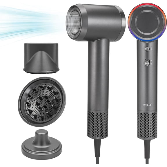 BERGUF Low Noise Thermo Control Hairdryer, 150000 RPM Professional High-Speed Blow Dryer 500 Millions Negative Ionic Care Hair Dryer with Magnetic Diffuser, Nozzle and Holder Wall Mounted (Grey)