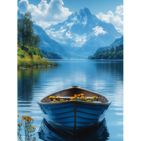 Blue Boat Lake Mountain Scenery Canvas Print/Wall Art, Perfect for Living Room, and Bathroom Decoration